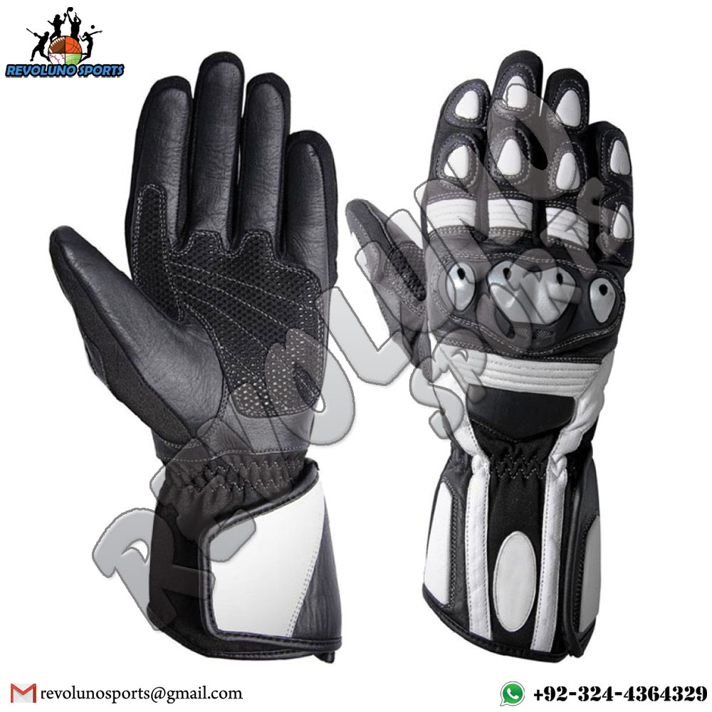 Long Black & White Motorbike Gloves